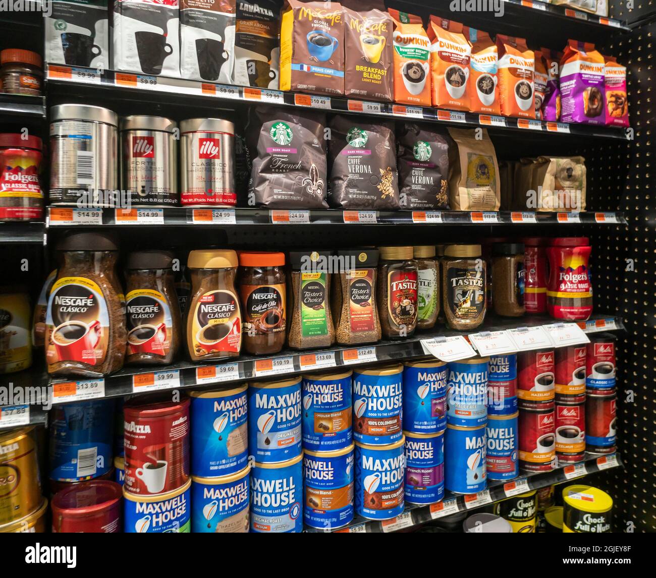 The coffee aisle in a supermarket in New York on Thursday, August 26, 2021. Coffee prices are rising attributed in part to a cold snap in the coffee growing country of Brazil. (© Richard B. Levine) Stock Photo