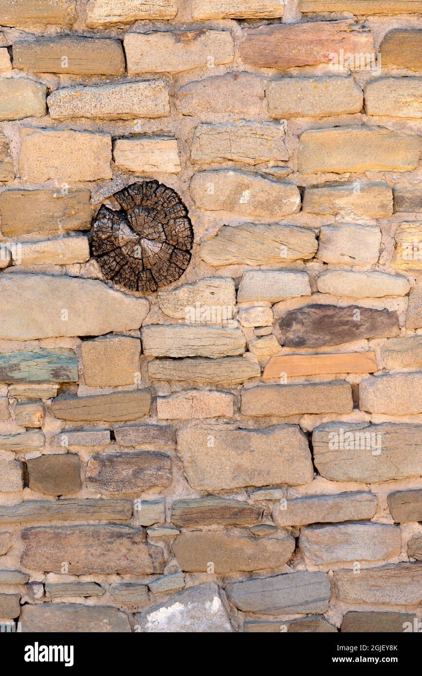 USA, New Mexico. Aztec Ruins National Monument, detail of stonewall masonry  and supporting log structure at West Ruin Stock Photo - Alamy