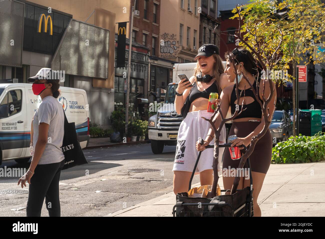 Distracted women in the florist district in New York on Thursday, September 2, 2021. (© Richard B. Levine) Stock Photo