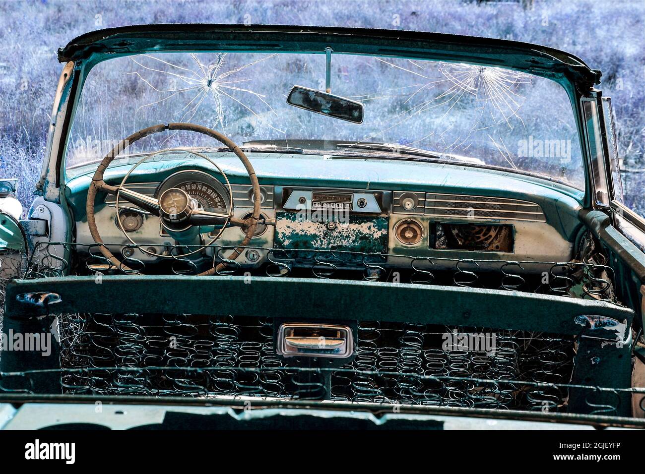 Punta de Agua, New Mexico, USA. Old abandoned car from the 1960's Stock