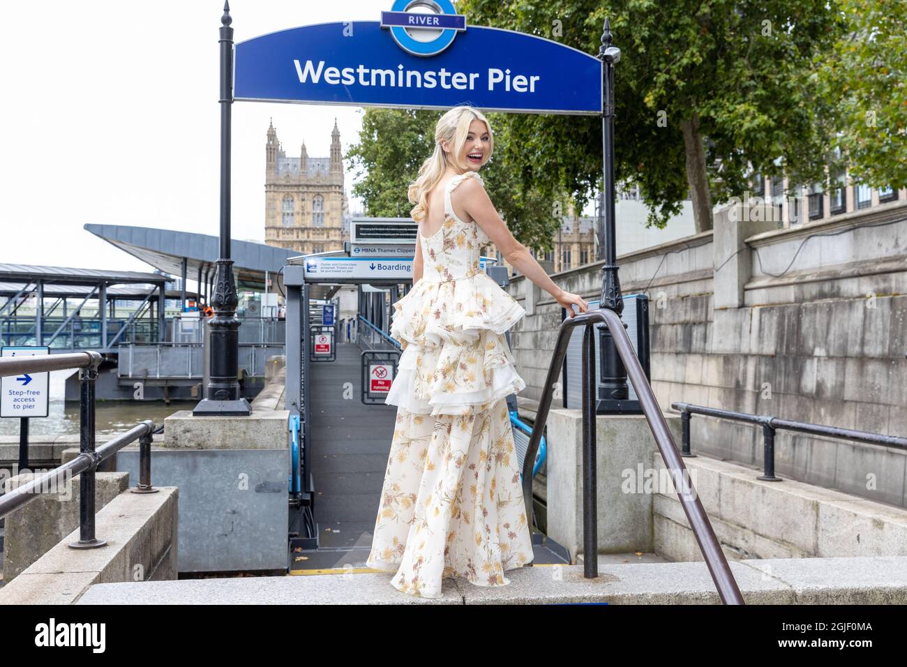 London, UK. 09th Sep, 2021. Georgia Toffolo seen at Westminster Pier as she goes to the NTA's (National television awards) by Uber Boat. Credit: SOPA Images Limited/Alamy Live News Stock Photo