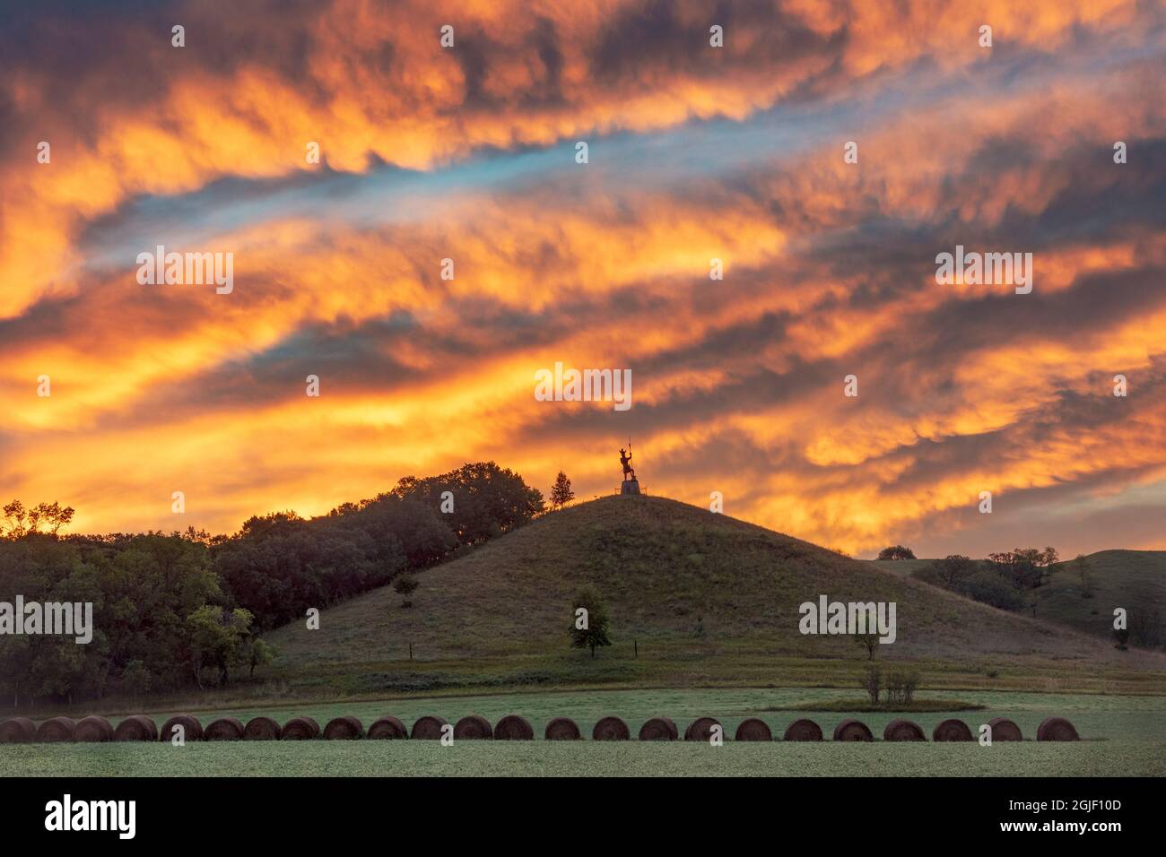 The Black Viking statue under brilliant sunrise skies in Fort Ransom
