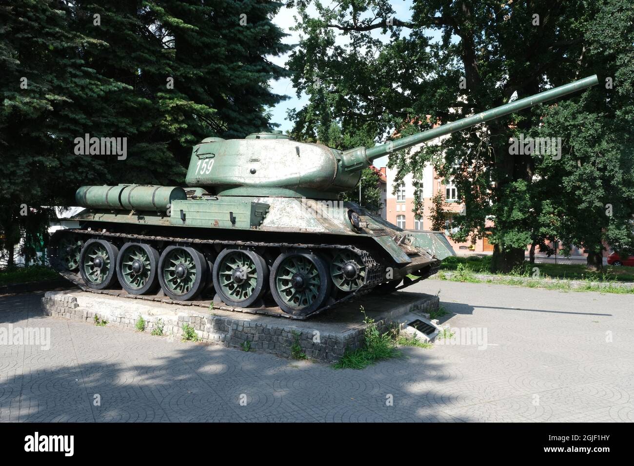 Elblag, Poland - July 21, 2021: This Soviet T-34 85 tank is standing in a park in Elblag to commemorates the battle between the Red Army and Germans Stock Photo