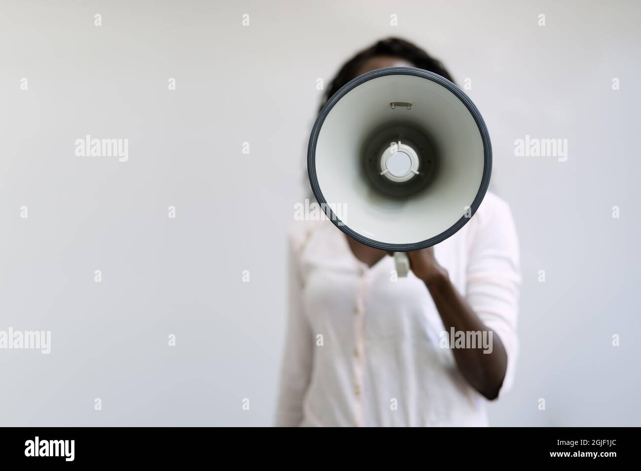 Warning Announce Using Megaphone. Exciting News Announcement With Bullhorn Stock Photo