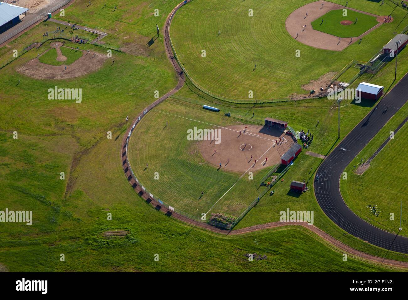 Aerial landscape of softball diamonds in Creswell, Oregon. Stock Photo