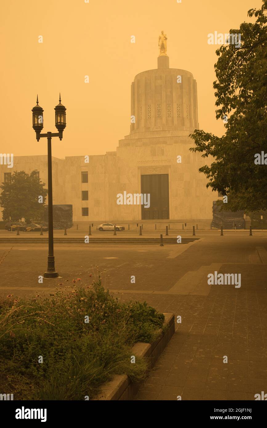 Oregon State Capitol under smoke from 2020 Oregon wildfires. Stock Photo