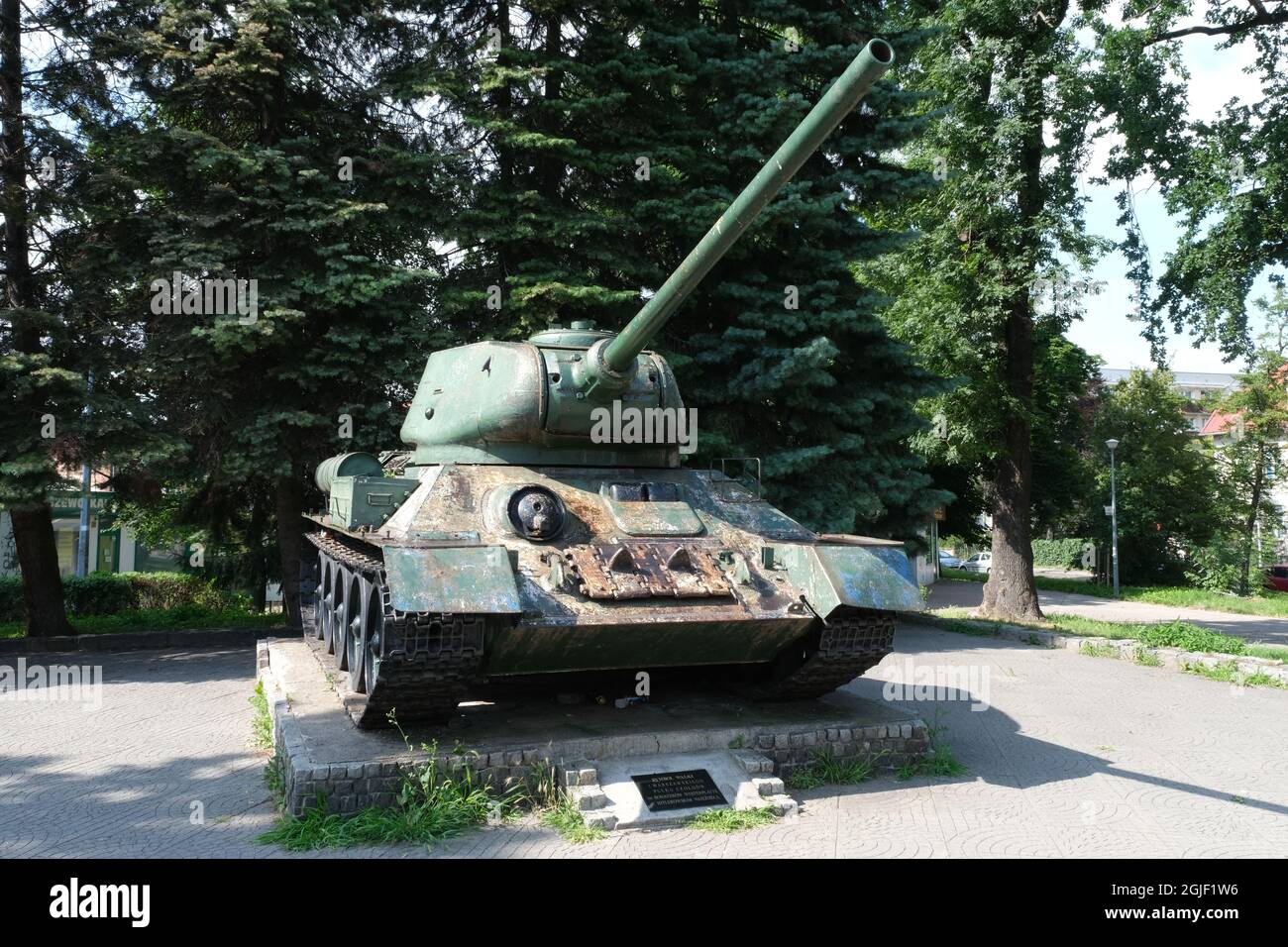 Elblag, Poland - July 21, 2021: This Soviet T-34 85 tank is standing in a park in Elblag to commemorates the battle between the Red Army and Germans Stock Photo