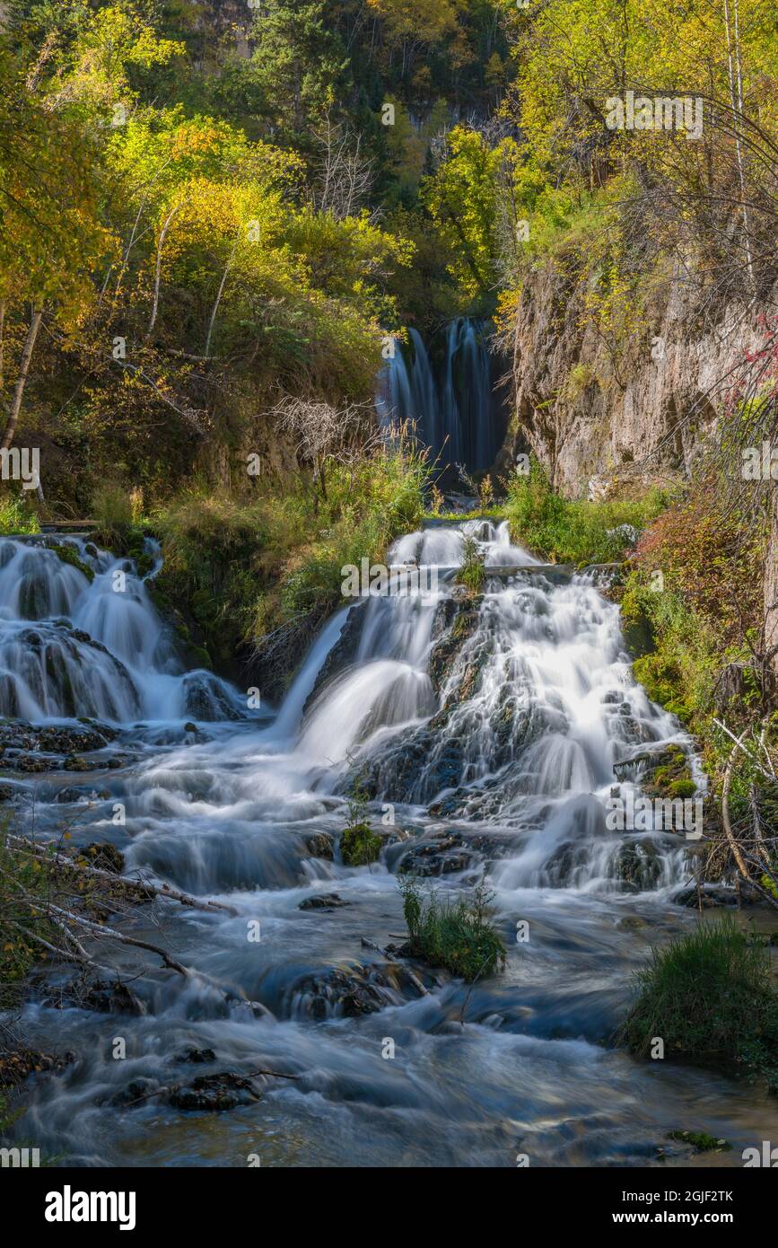 Vertical scenic of Roughlock Falls and autumn foliage, Spearfish Canyon
