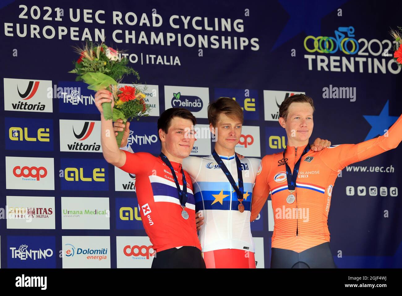 Trento, Italy on 9th September 2021: 2021 UEC Road Cycling European, Trento, Italy on 9th; Men U23 Individual Time Trial, 1st Johan Price Pejtersen (Denmark) 2nd S&#xf8;ren V&#xe6;renskjold (Norway) 3rd Daan Hoole (Netherlands) on the podium Credit: Action Plus Sports Images/Alamy Live News Stock Photo