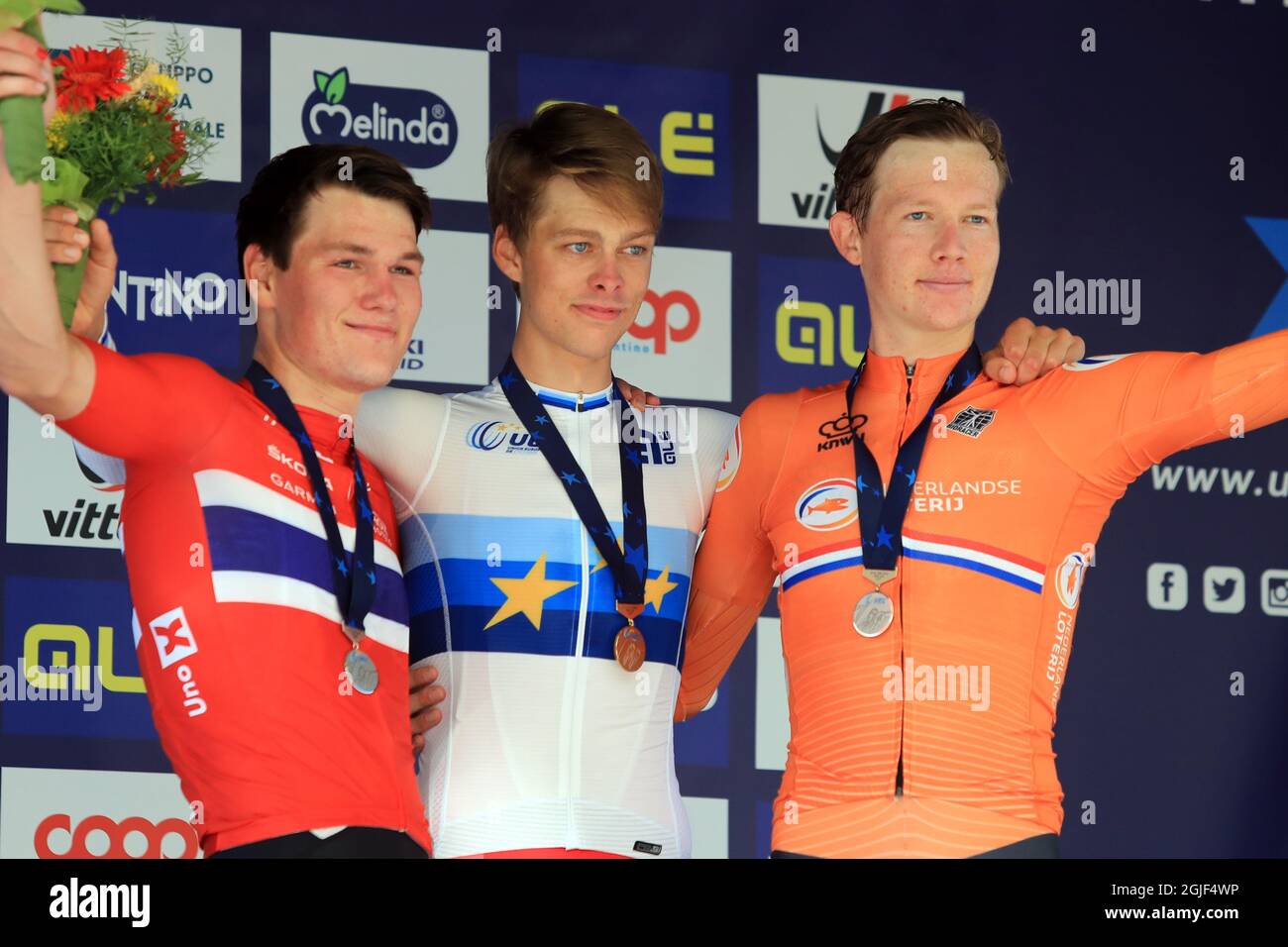 Trento, Italy on 9th September 2021: 2021 UEC Road Cycling European, Trento, Italy on 9th; Men U23 Individual Time Trial, 1st Johan Price Pejtersen (Denmark) 2nd S&#xf8;ren V&#xe6;renskjold (Norway) 3rd Daan Hoole (Netherlands) on the podium Credit: Action Plus Sports Images/Alamy Live News Stock Photo
