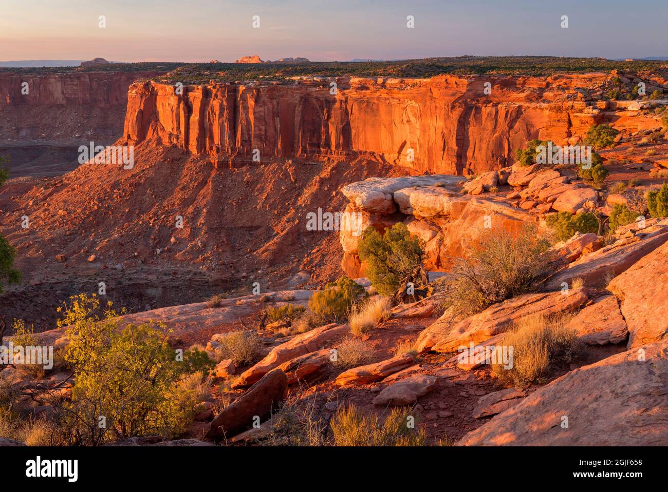 USA, Utah, Canyonlands National Park, Evening view northwest towards Murphy Basin from Grand View Point, Island in the Sky District. Stock Photo
