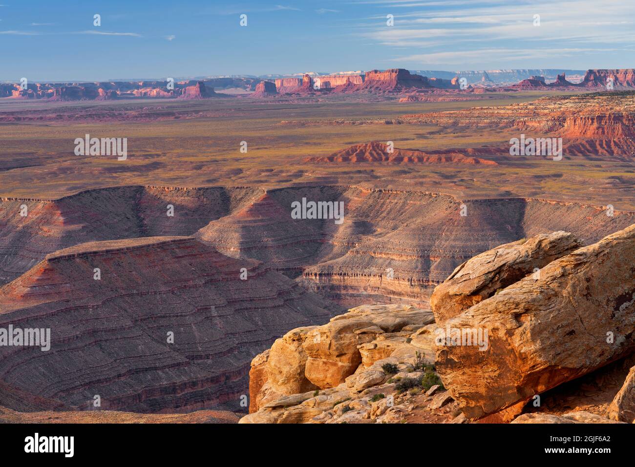 USA, Utah, Glen Canyon National Recreation Area, Canyons of the San Juan River and distant buttes in Monument Valley; from Muley Point. Stock Photo