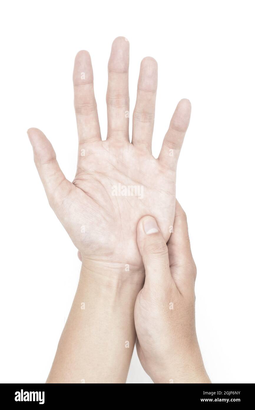Pale palmar surface of hand. Anaemic hands of Asian, Chinese man. Isolated on white background. Stock Photo