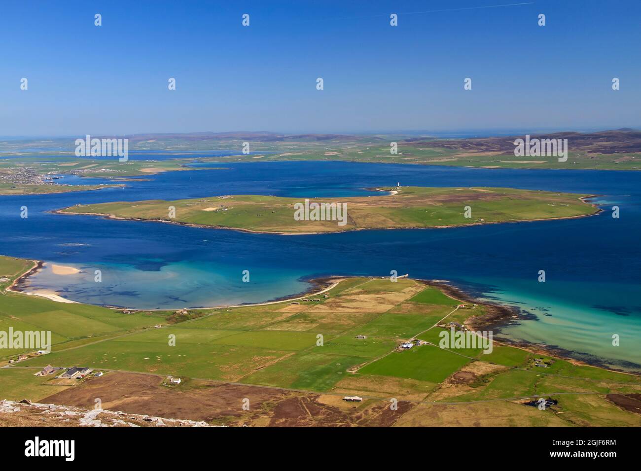 View from Ward Hill on Hoy overlooking Scapa Flow and Island of Graemsay,  Orkney Isles Stock Photo