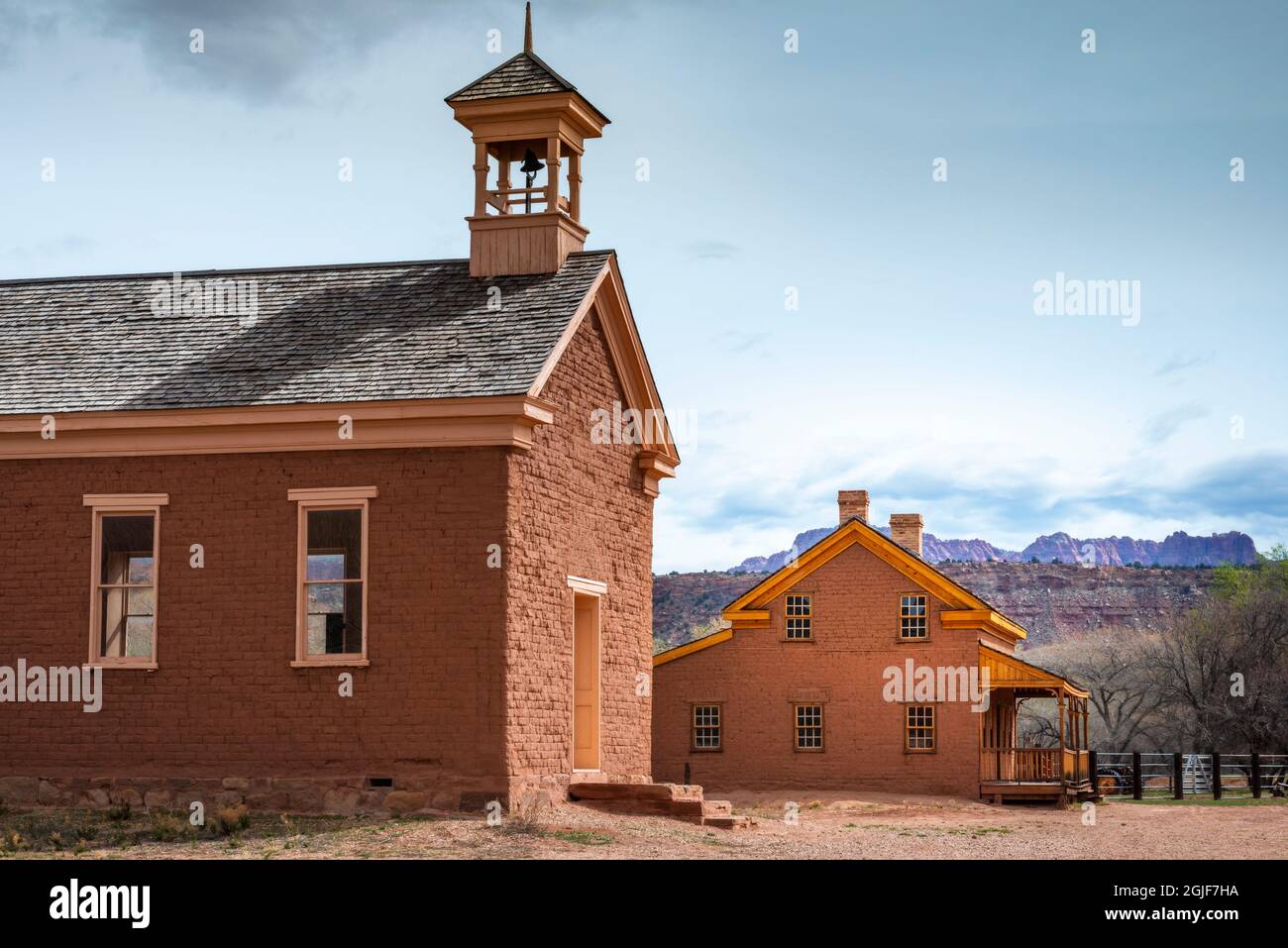 Alonzo Russell adobe house (featured in the film 'Butch Cassidy and the Sundance Kid') and schoolhouse, Grafton ghost town, Utah, USA. Stock Photo