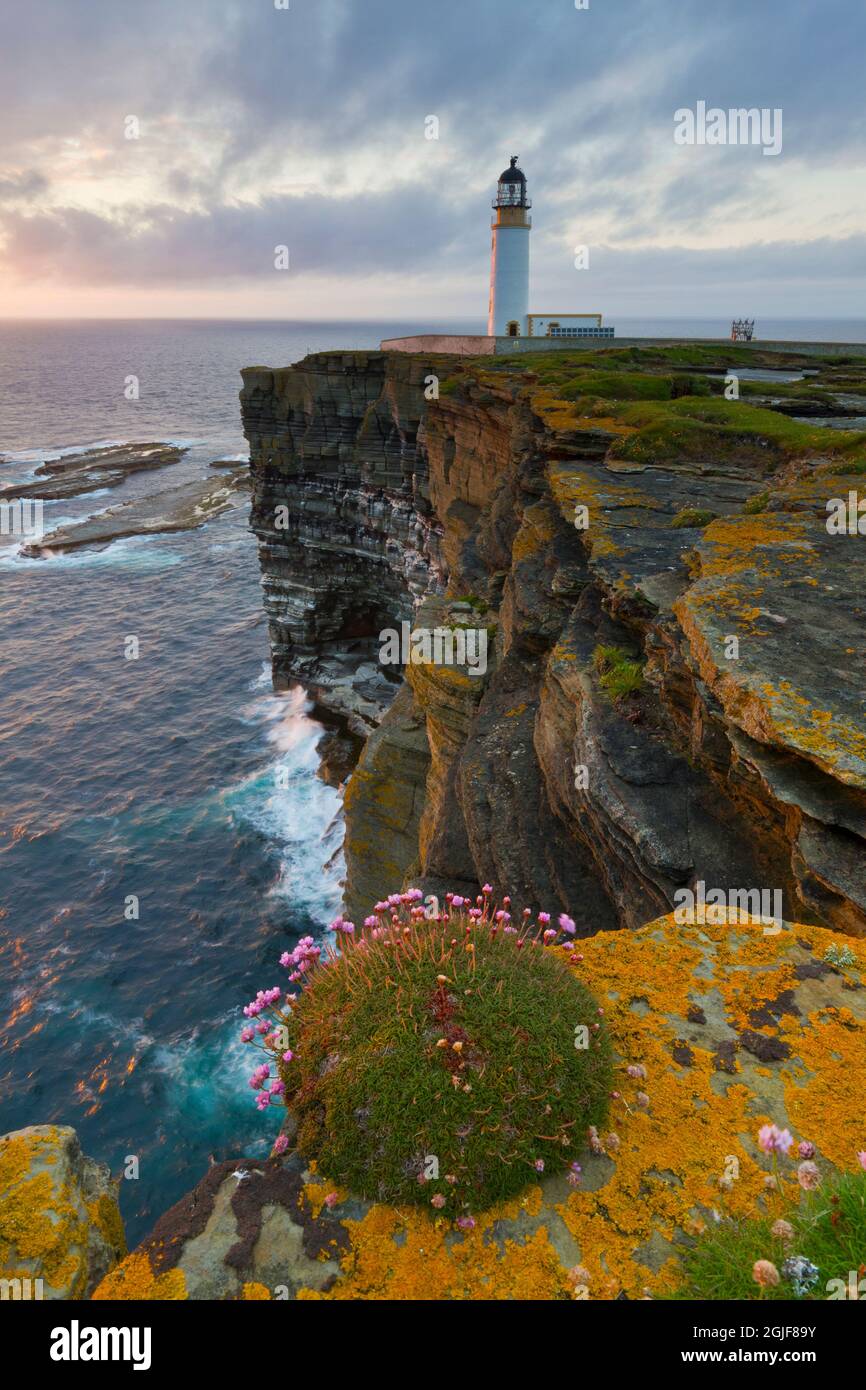 Noup Head lighthouse and sea cliffs, Isle of Westray, Orkney Stock Photo