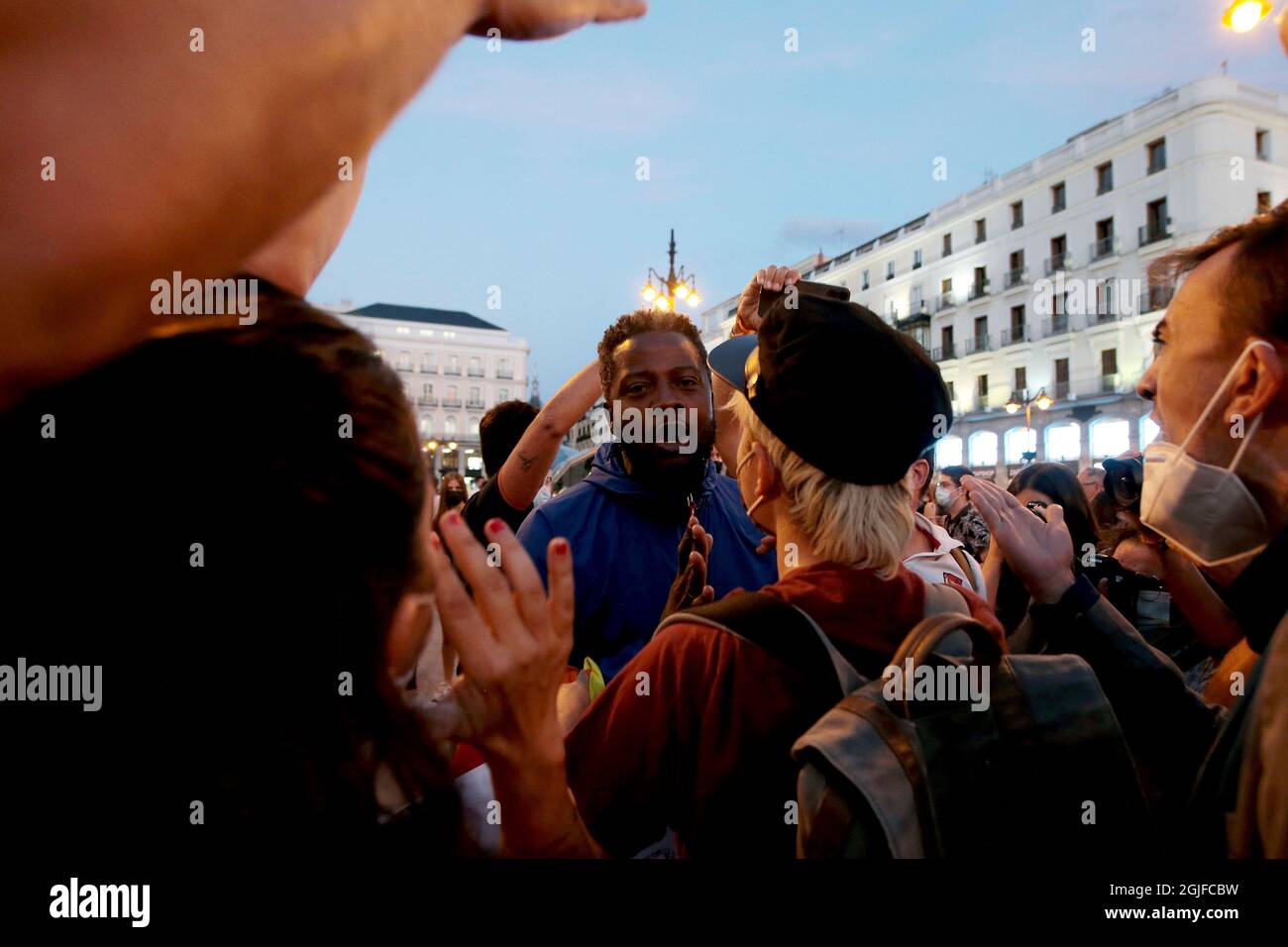 Madrid, Spain; 08.09.2021.- A militant of VOX (Spanish far-right political  party), Bertrand N'Dongo is rebuked and at the screams of fascist duera  forced to withdraw. Demonstration at the Puerta del Sol in