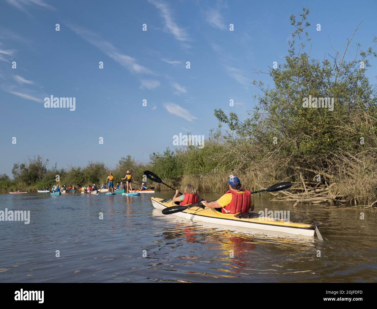 Usa, Washington State, Mt. Vernon, Skagit Flats, people in canoes and on stand-up paddleboards (MR) Stock Photo
