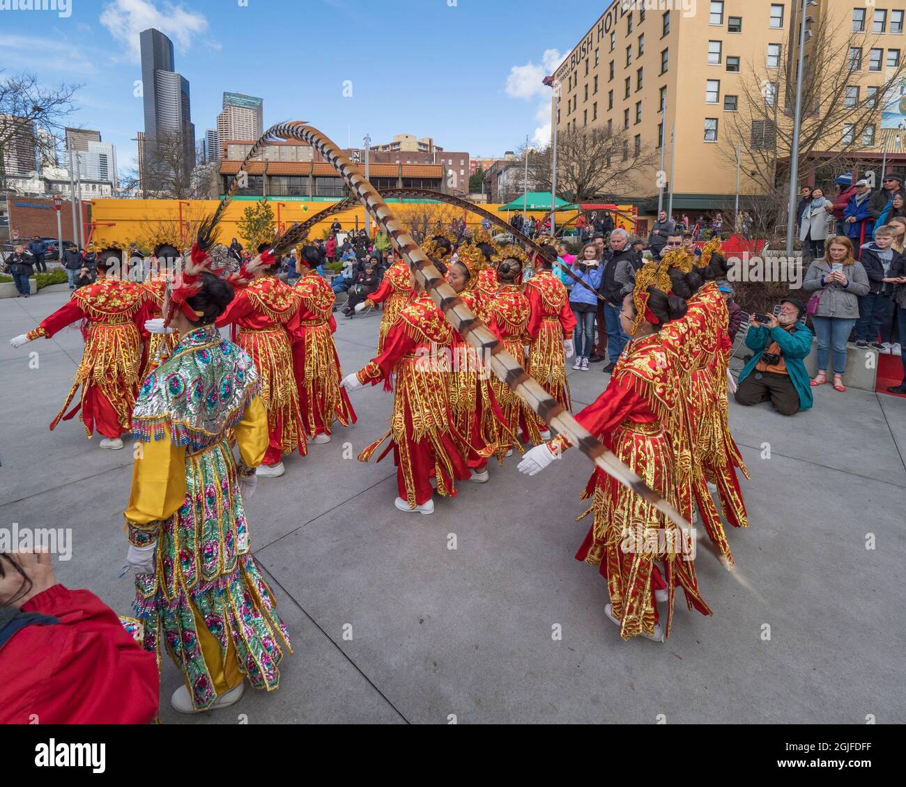 Usa, Washington State, Seattle. Chinese Girl's Drill Team performing in Hing Hay Park in the Chinatown-International District. (Editorial Use Only) Stock Photo