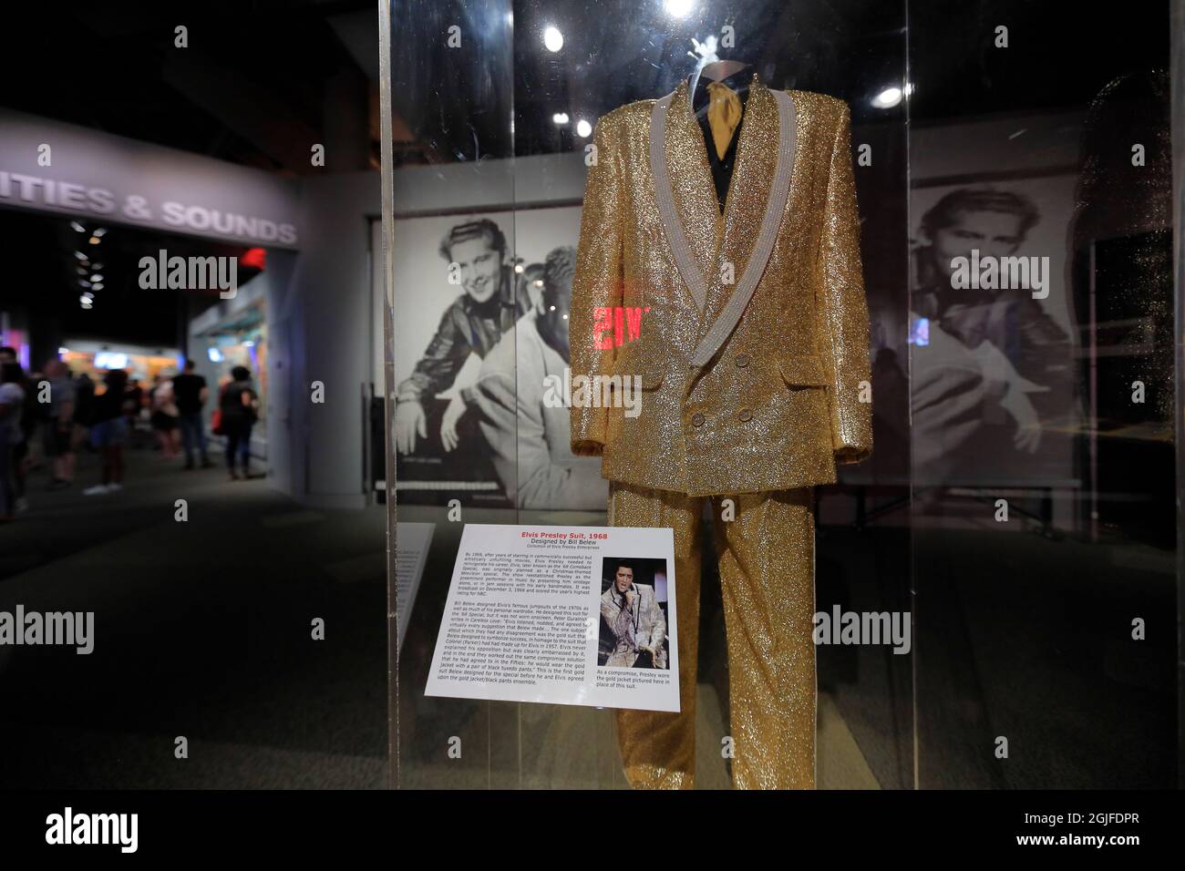 Elvis Presley Suit 1968 display in Rock and Roll Hall of Fame.Cleveland.Ohio.USA Stock Photo