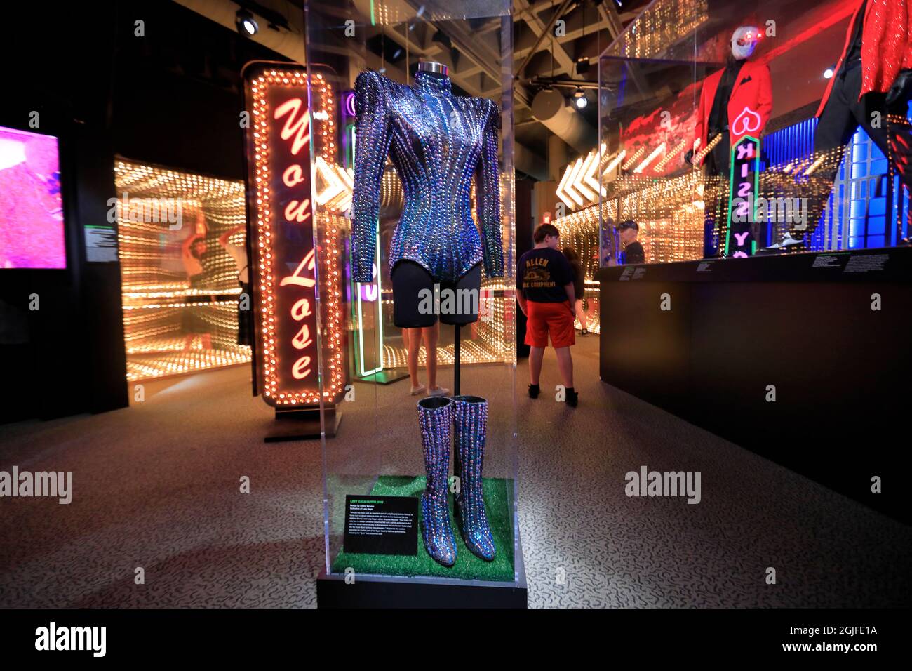The outfit wear by Lady Gaga for 2017 Super Bowl LI halftime show display in Rock and Roll Hall of Fame.Cleveland.Ohio.USA Stock Photo