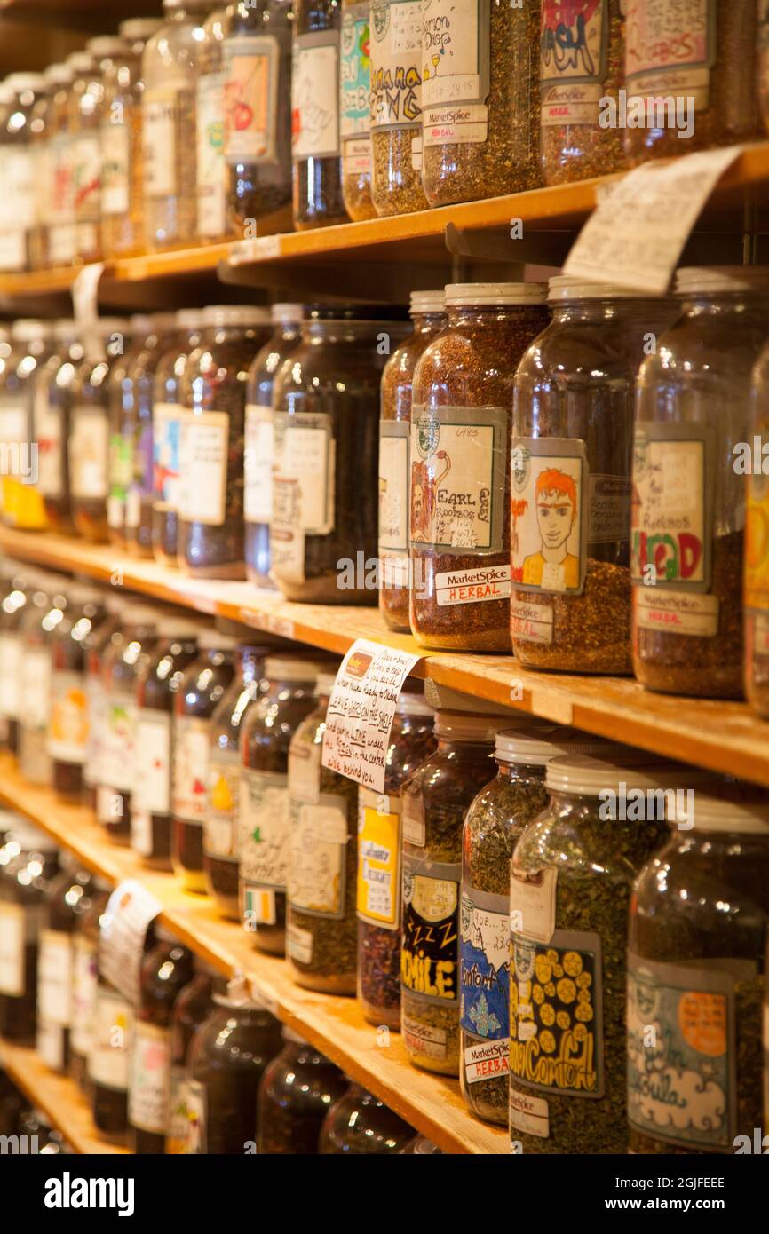 Herbal tea for sale in mason jars in Pikes Place Market, Seattle, Washington State. Stock Photo