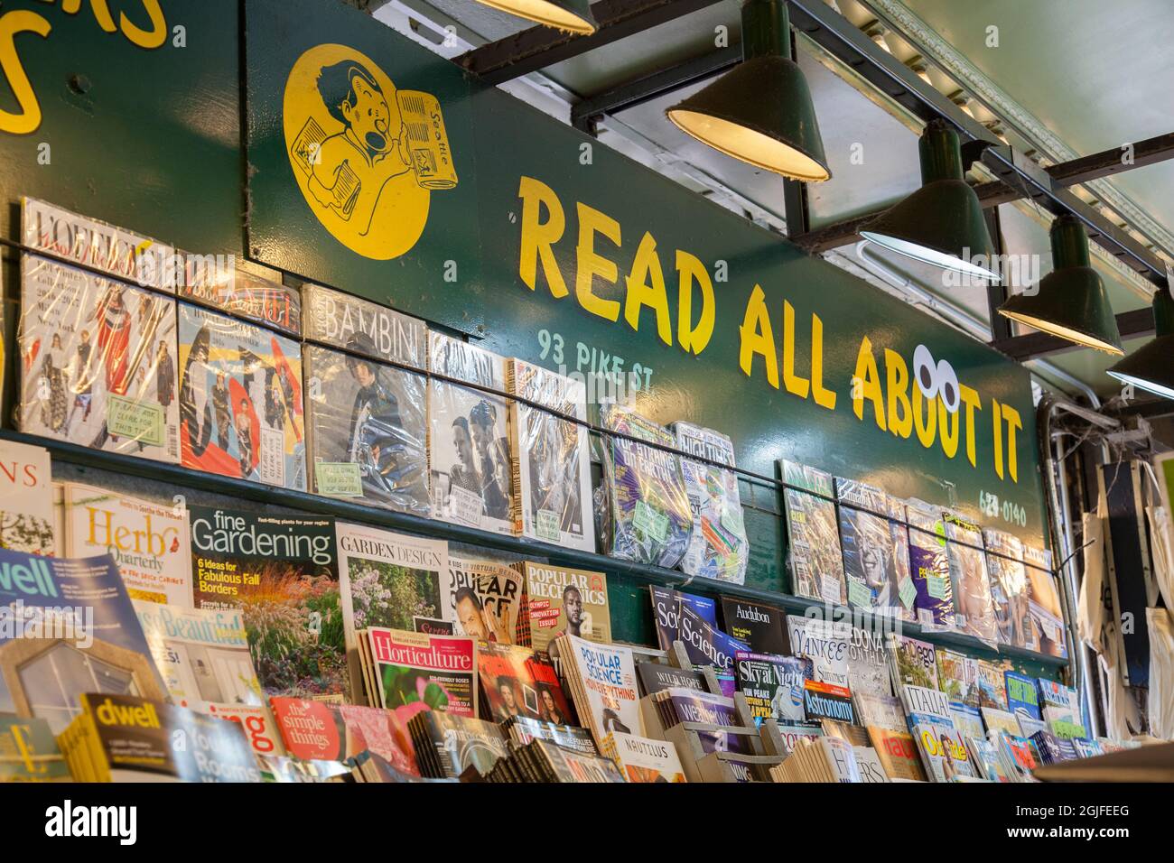 Newsstand with magazines and newspapers for reading at Pikes Place Market, Seattle, Washington State. Stock Photo