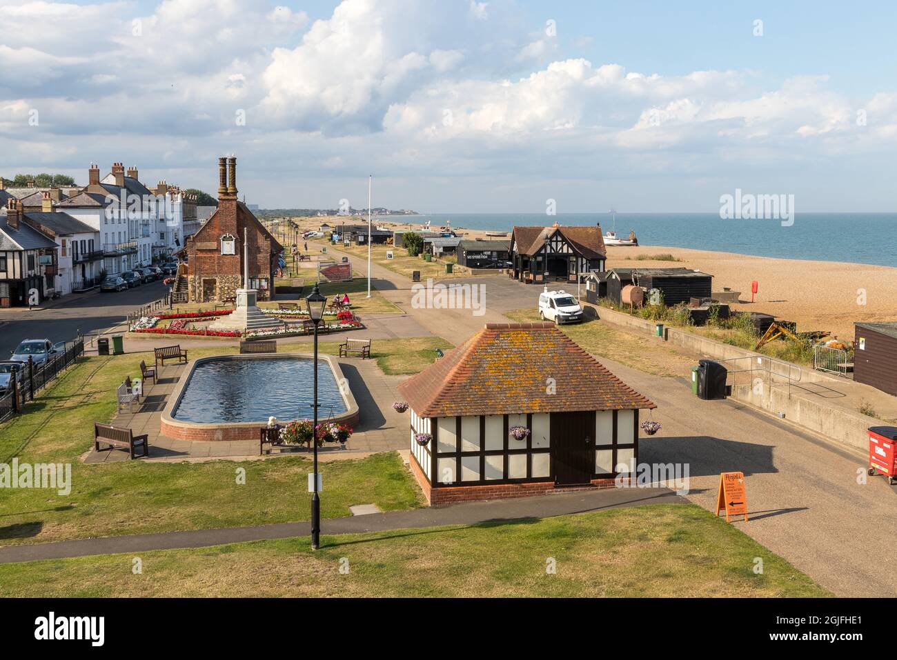 Aldeburgh sea front showing Elizabethan Moat house and Model Yacht Pond Stock Photo