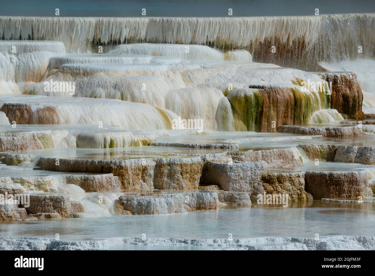 USA, Wyoming. Mineral deposit formations, Mammoth Hot Springs, Yellowstone National Park. Stock Photo
