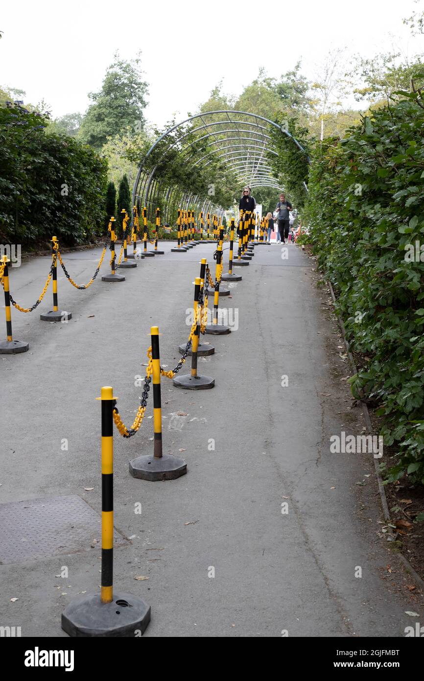 Bollards segregate visitors arriving and leaving Portmerion Italian style village for spatial separation during the 2020 and 2021 Covid-19 outbreak Stock Photo