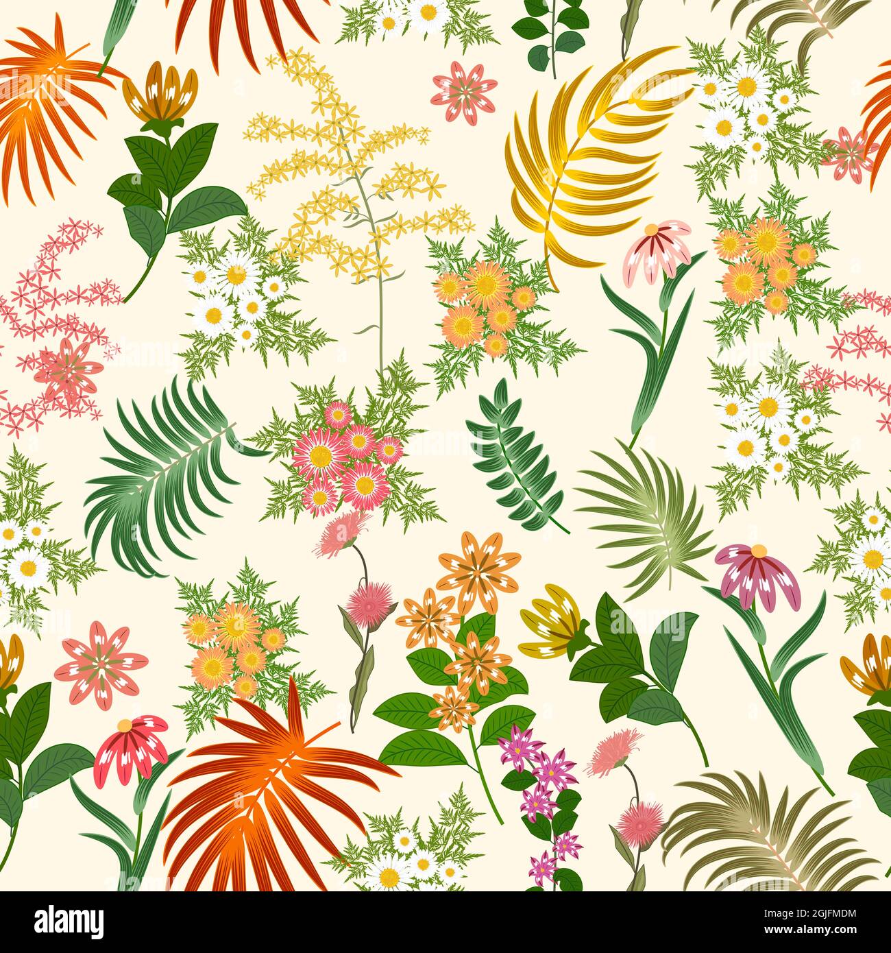 Seamless pattern with bright flowers and tropical leaves of palm tree on light background. Botany vector background, jungle wallpaper. Stock Vector