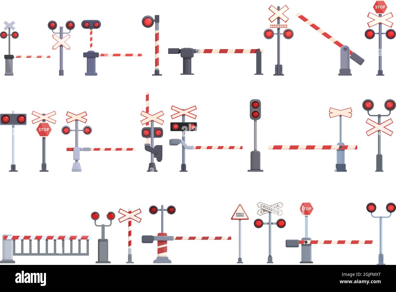 Railway crossing icons set cartoon vector. Railroad signal. Alert train barrier Stock Vector