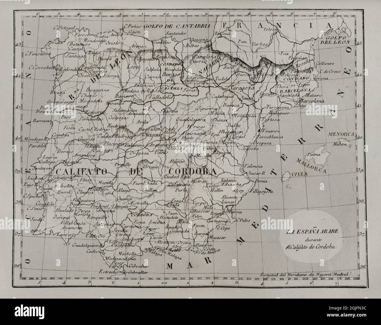 Map of Moorish Spain during the Caliphate of Cordoba (929-1031 AD). Las Glorias Nacionales. Volume II, Madrid-Barcelona edition, 1853. Stock Photo