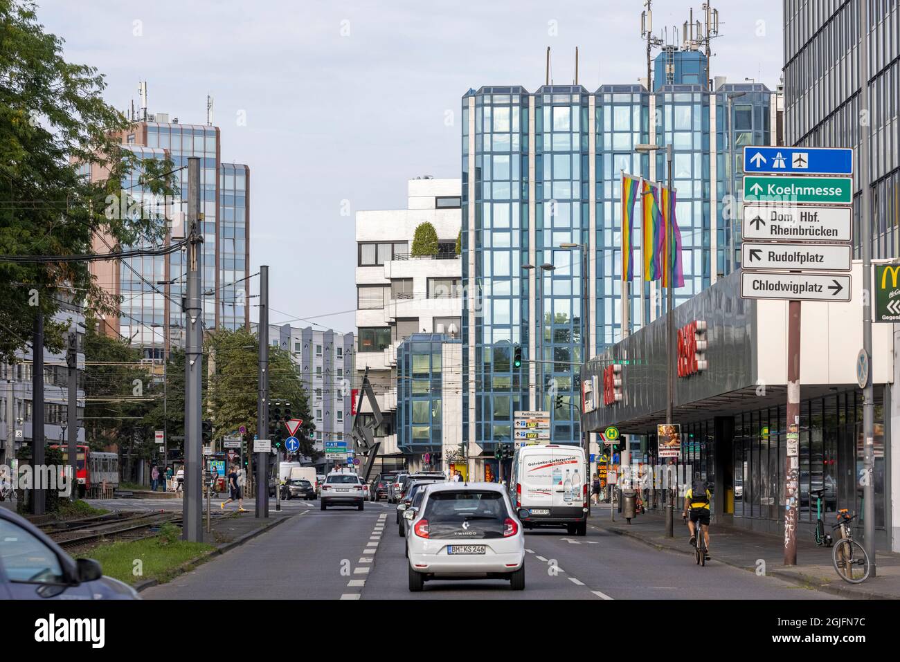 Modern buildings downtown Cologne with busy streets and heavy traffic Stock Photo