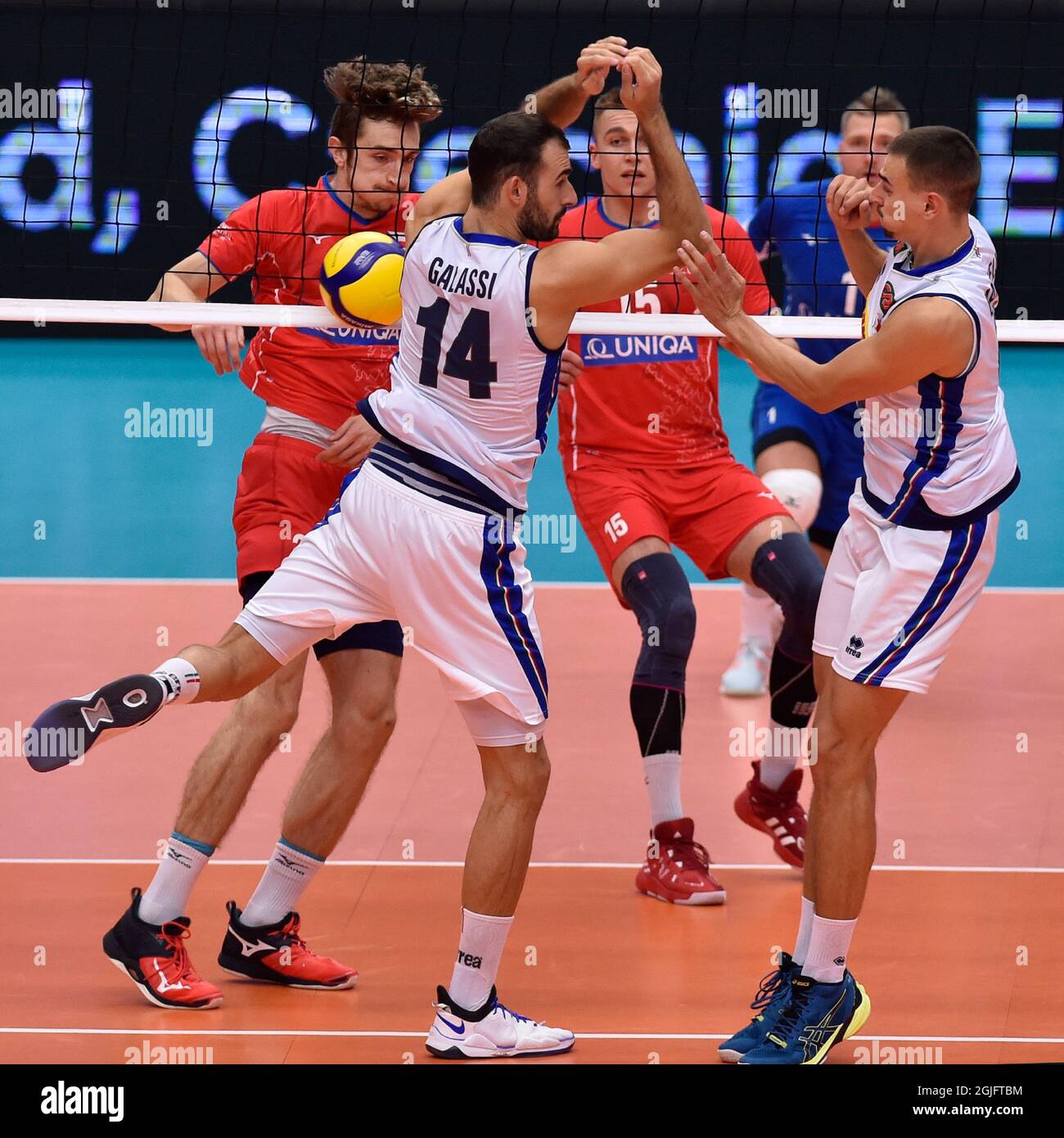 Ostrava, Czech Republic. 09th Sep, 2021. (L-R) Oliver Sedlacek of Czech  Republic, Gianluca Galassi of Italy, Lukas Vasina and Milan Monik of Czech  Republic and Simone Giannelli of Italy in action during