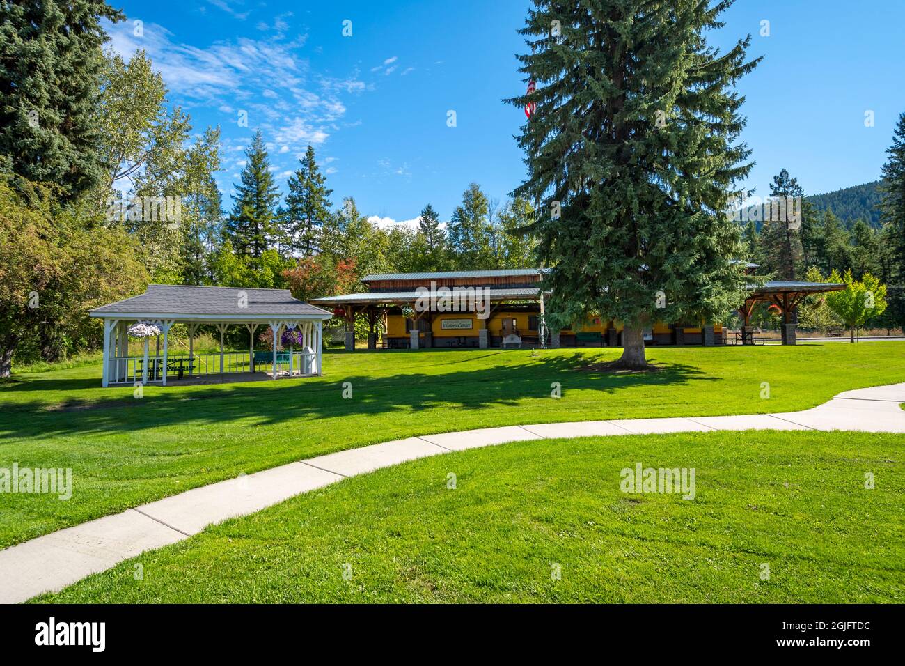 The Metaline Falls Visitor Center with a gazebo and park in the small border town of Metaline Falls, Washington. Stock Photo