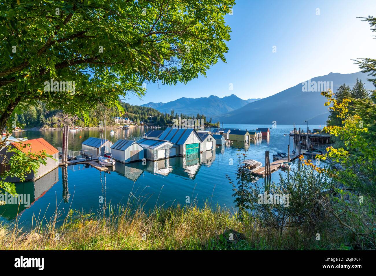 Morning sun on the shipyards, marina and dock on Kootenay Lake in Kaslo