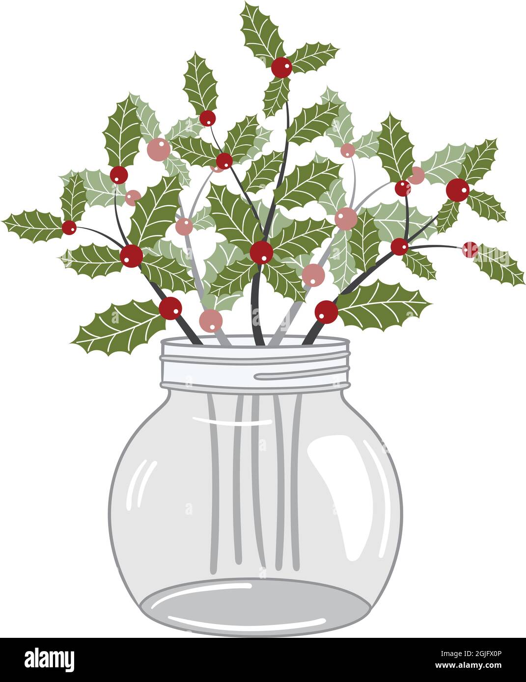 Christmas Holly Twigs Bouquet In Mason Jar. Vector Christmas Holly