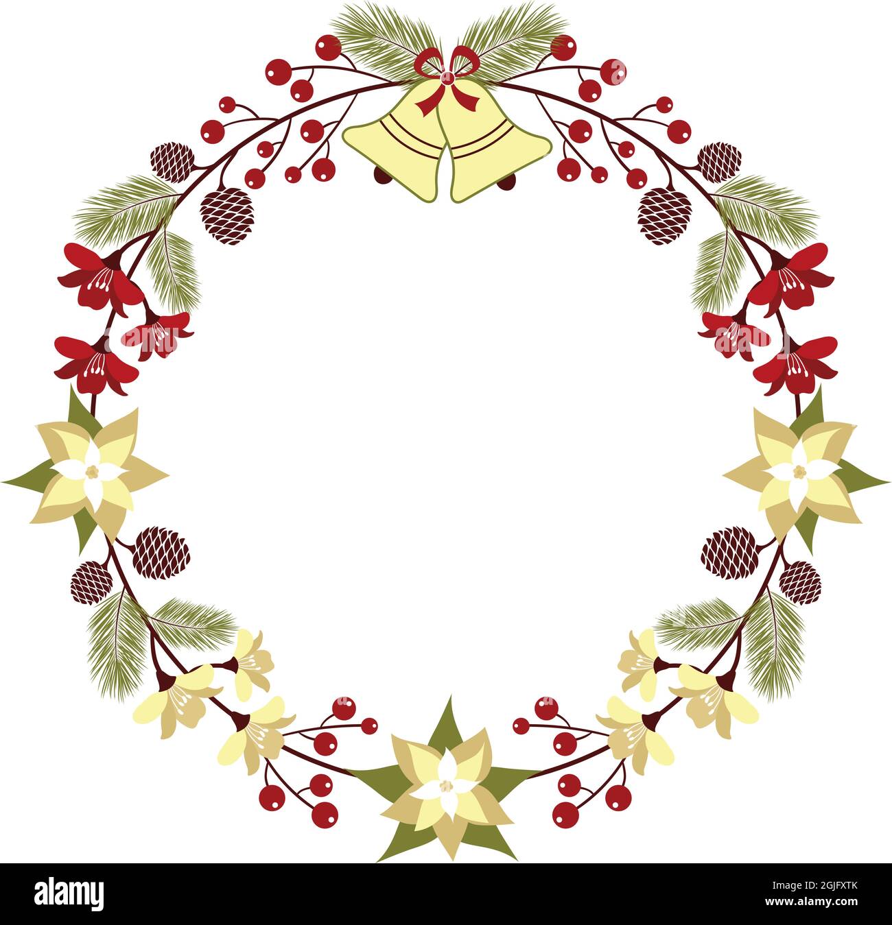 Floral Christmas Wreath with Bells and Poinsettia Stock Vector Image ...