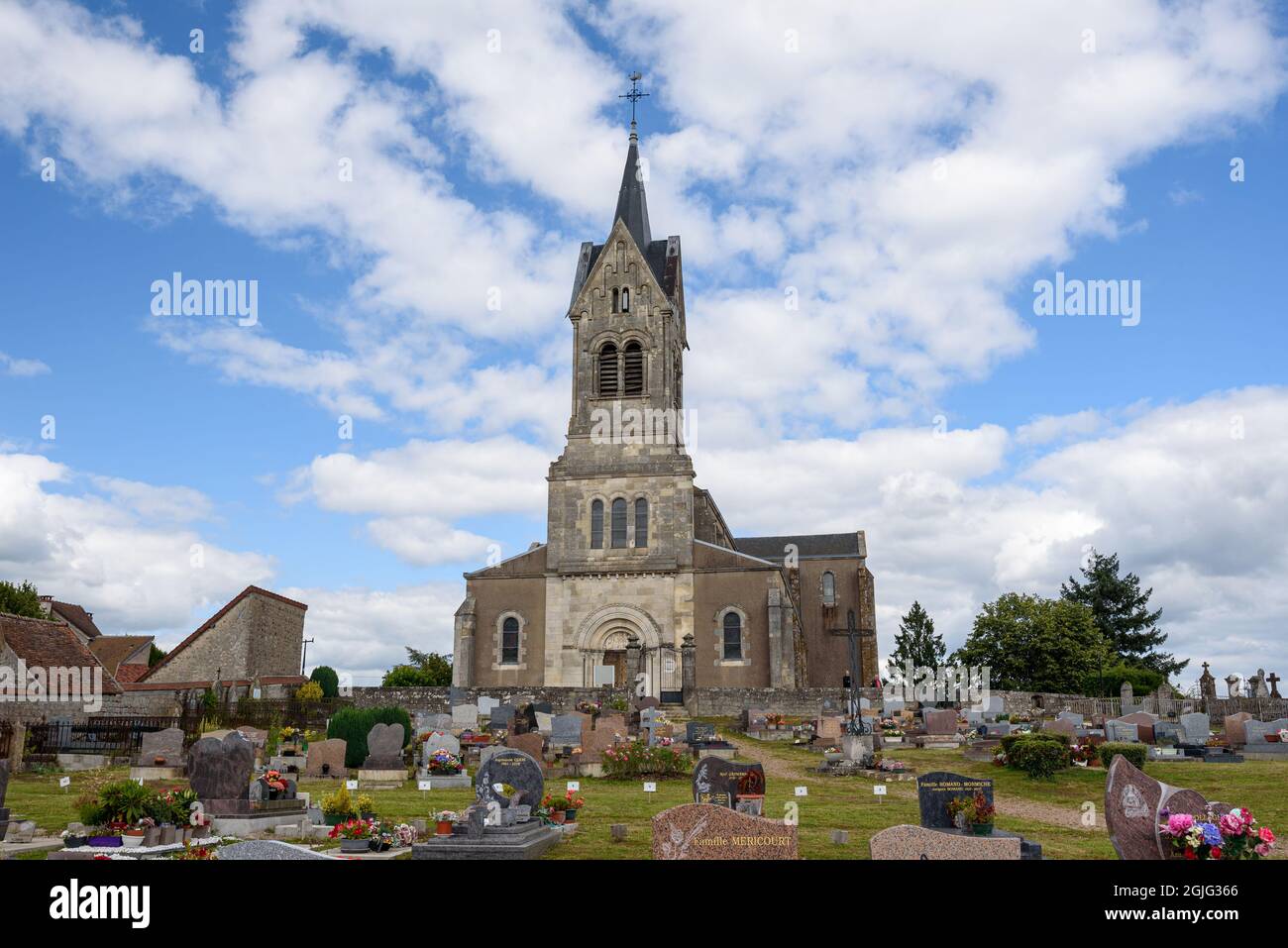 Church of Saint-Alban view from cemetery in Lormes in Morvan Regional Natural Park in the region Bourgogne (Burgundy). Stock Photo