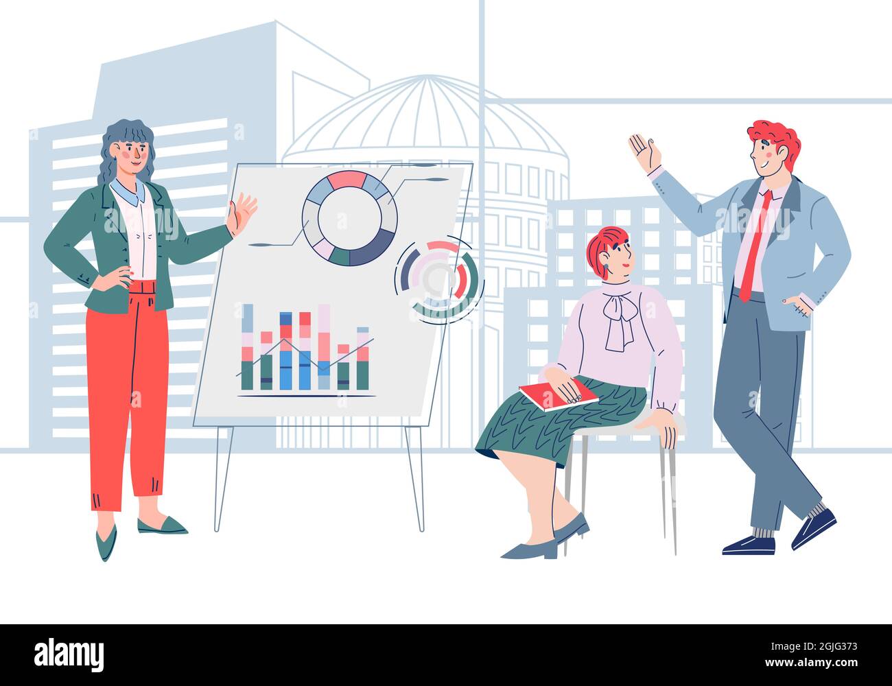 Business Presentation or conference with analysts collect and analyse data, flat vector. Stock Vector