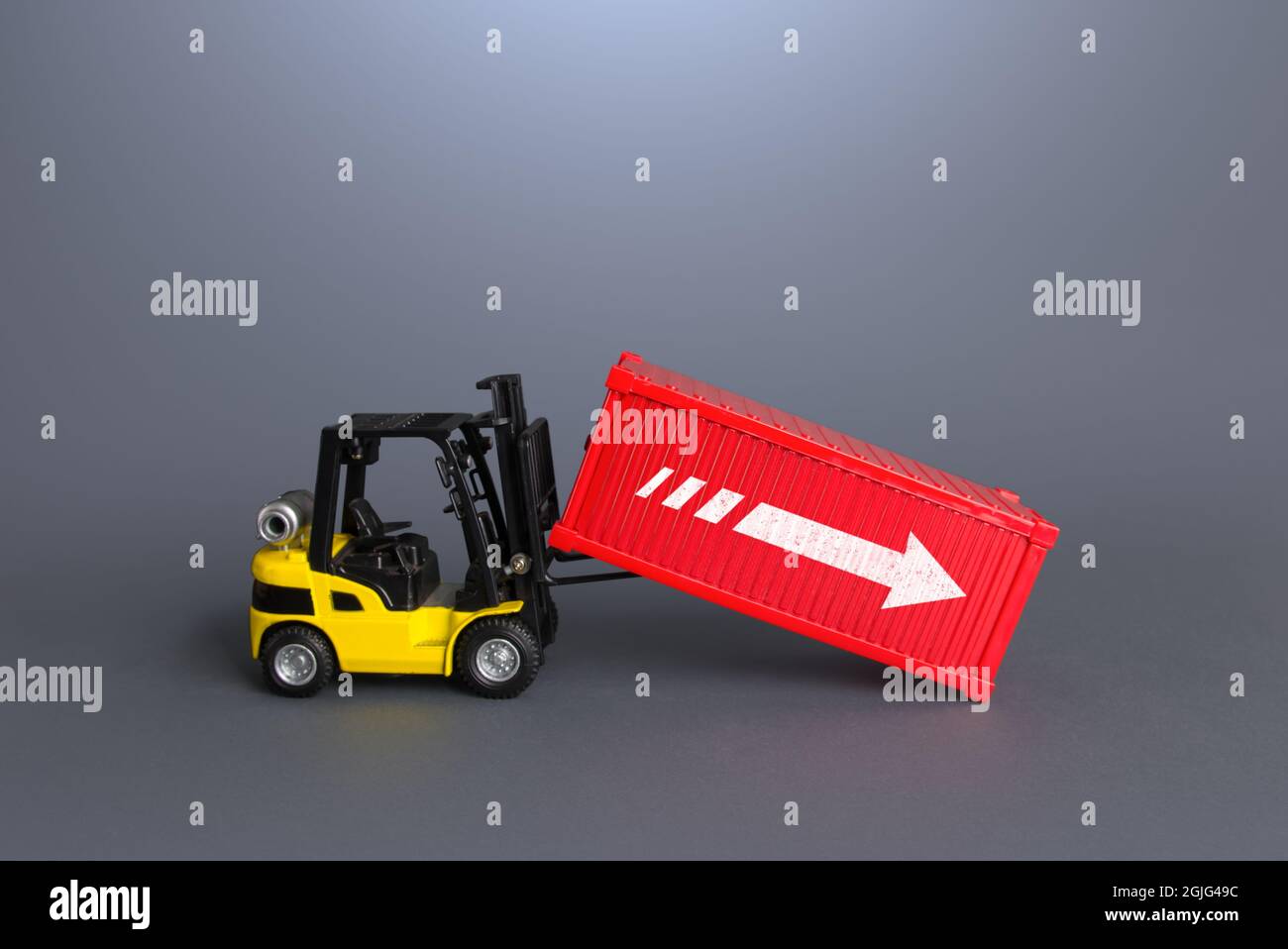 Forklift and sea ship container. Data analysis and statistics of freight traffic. Trade balance, imports and exports. Transportation of goods worldwid Stock Photo