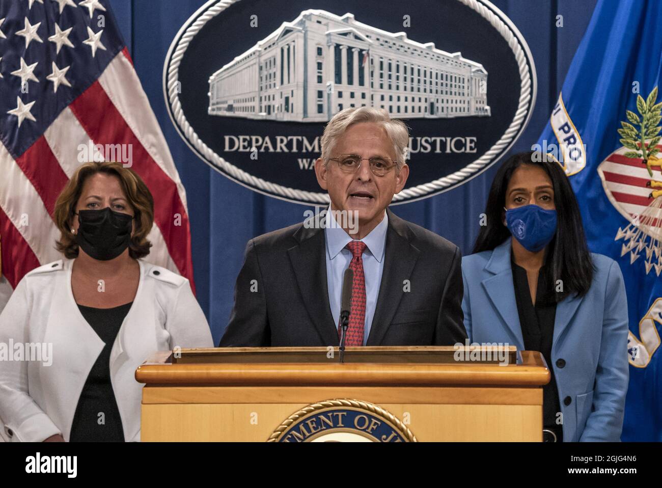 Washington, United States. 09th Sep, 2021. Attorney General Merrick B. Garland flanked by Deputy U.S. Attorney General Lisa Monaco, .and Associate U.S. Attorney General Vanita Gupta, holds a press conference announcing a civil enforcement action at the Justice Department in Washington, DC on Thursday, September 9, 2021. Photo by Ken Cedeno/UPI Credit: UPI/Alamy Live News Stock Photo