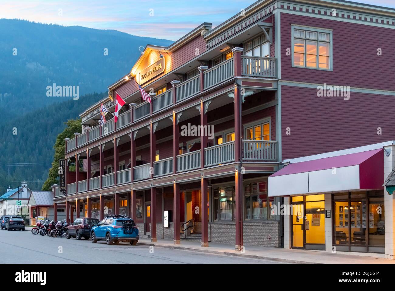 Early evening street view sign and facade of the Kaslo Hotel and Pub in