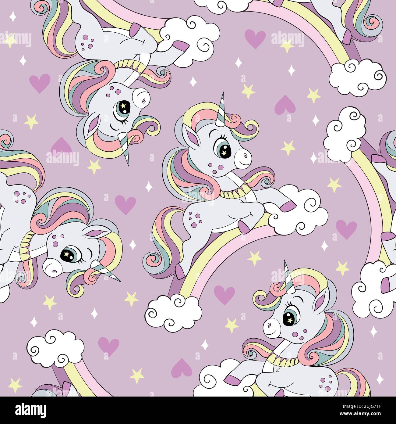 Seamless pattern with cute unicorns on a rainbow, clouds and stars ...