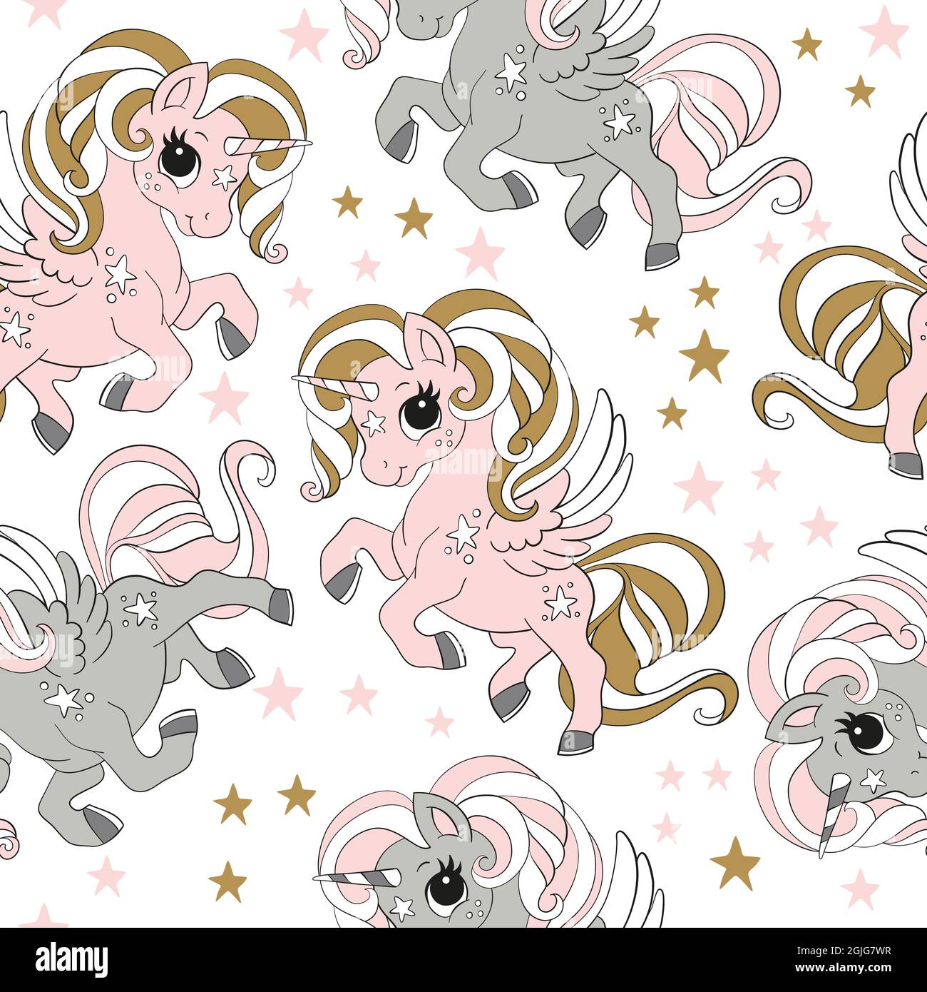Seamless pattern with cute unicorns, clouds, rainbow and stars. Magic ...