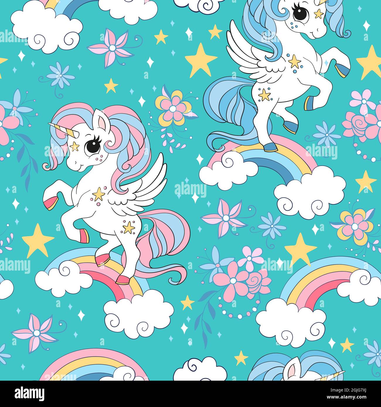 Seamless pattern with cute unicorns, clouds, rainbow and stars. Magic ...