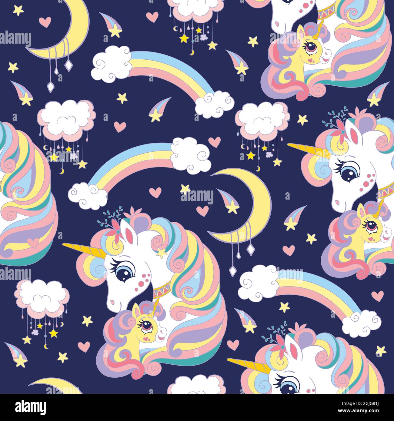 Seamless pattern with cute mom and baby unicorns, clouds, rainbow and ...