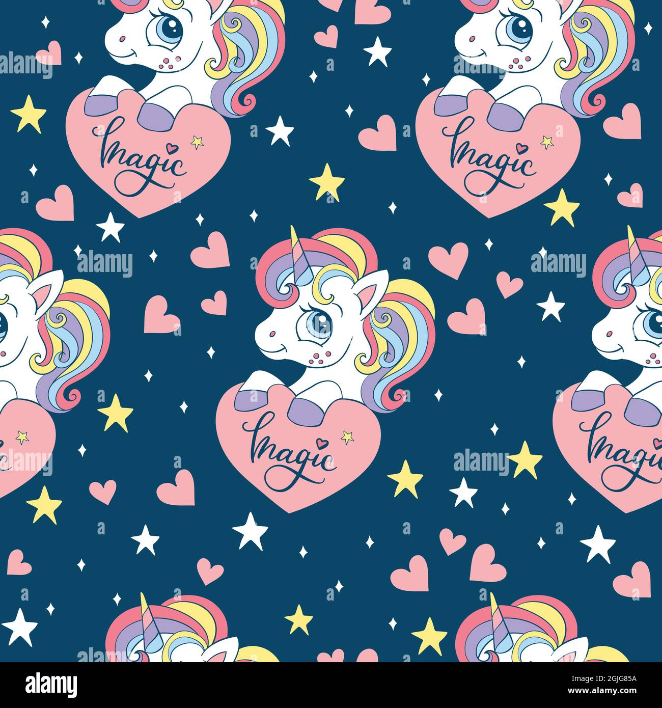 Seamless pattern with cute unicorn with hearts and stars. Magic ...