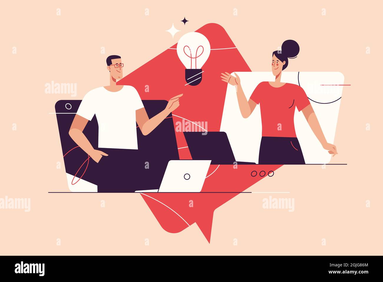 Flat style outline vector illustration on the subject of teamwork, brainstorming, finding new solutions. Editable stroke Stock Vector